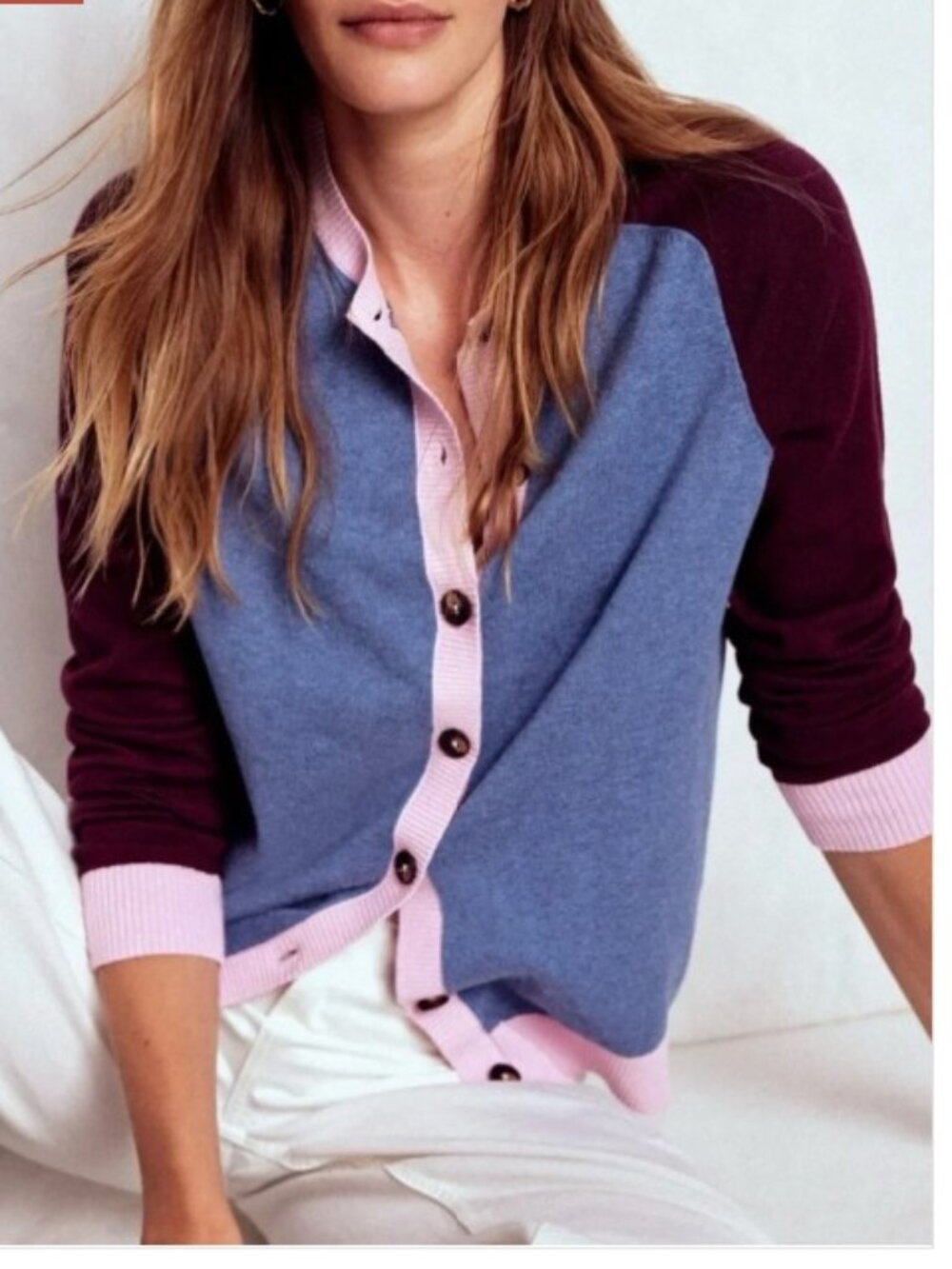 Boden LG Cotton Cashmere Colorblock Meg Raglan Sleeve Cardigan Preppy Old Money